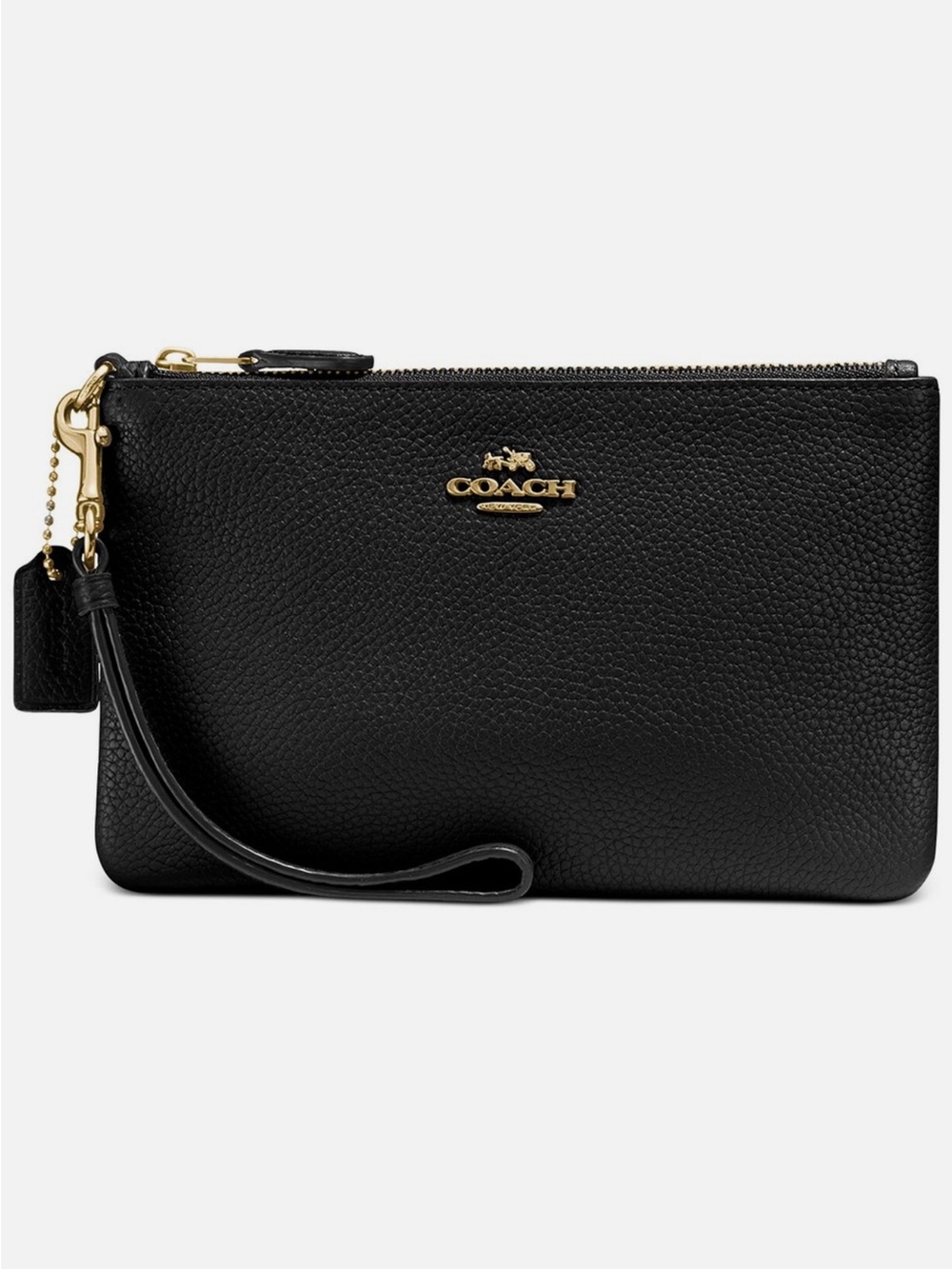 Coach Black Pebbled Leather Wristlet with Gold Accents